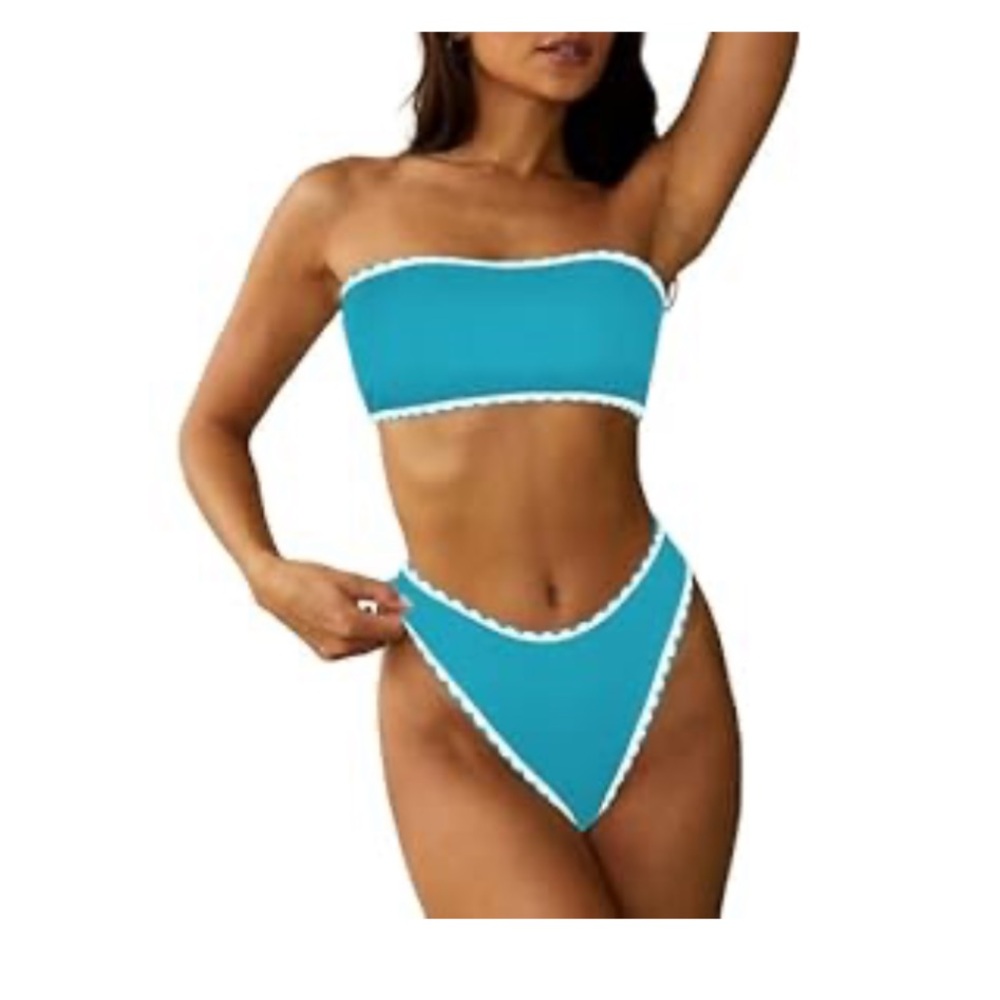 Turquoise Bandeau High-Cut Bikini Set - Women Swim
